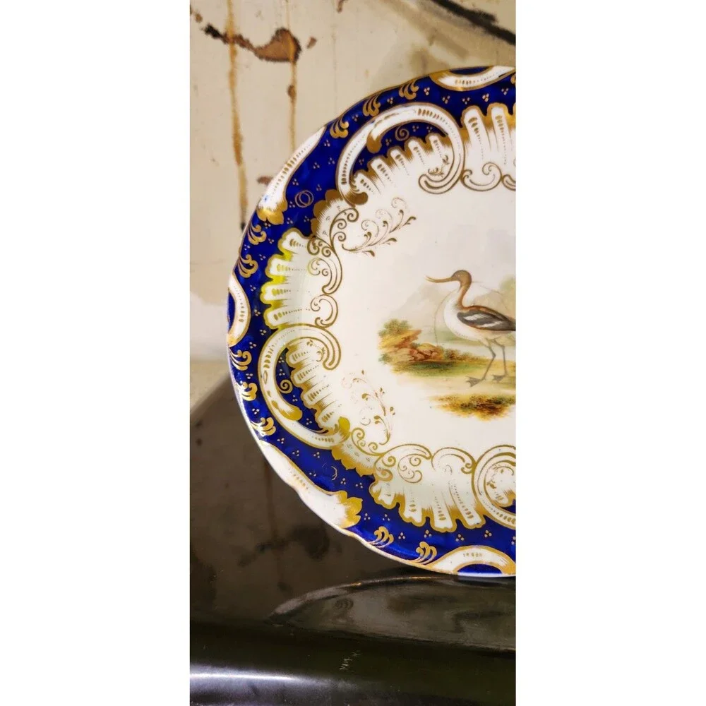 Antique Coalport Hand Painted Game Bird Compote Floral Cobalt Gold Tazza Comport